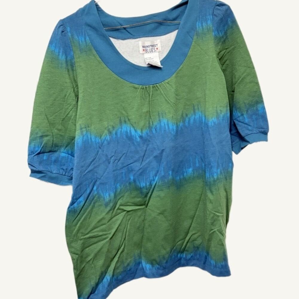 Mainstreet Blues L Tie-Dye 3/4 Sleeve Top - Teal Green Scoop Neck Ribbed Knit
